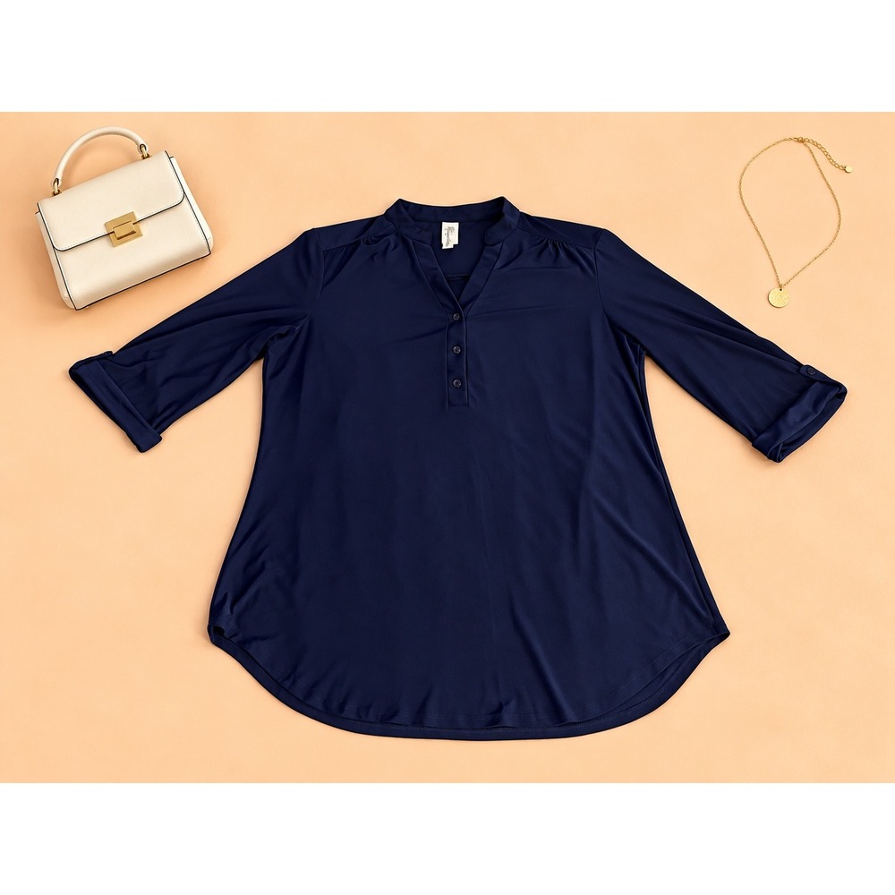 Per Seption Women's XL Navy Blue Tunic Blouse Classic Preppy Workwear